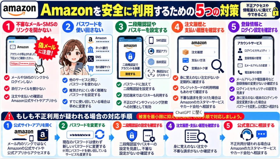 Amazonを安全に利用するための5つの対策をまとめた図解。不審なメールへの注意、パスワードの使い回し防止、二段階認証・パスキー設定、注文履歴・支払い履歴の確認、不正利用時の対処手順