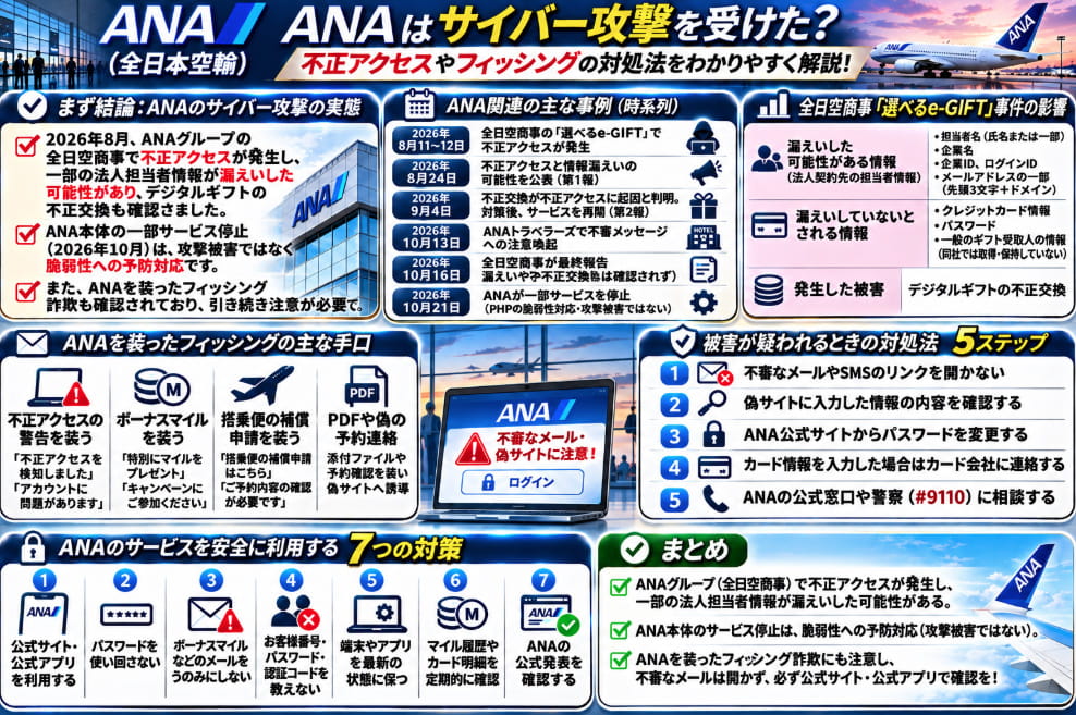 ANA(全日本空輸)のサイバー攻撃・不正アクセスをまとめた図解。2026年の全日空商事「選べるe-GIFT」の情報漏えいと不正交換、ANAを装ったフィッシングの手口、被害時の対処法5ステップと7つの安全対策