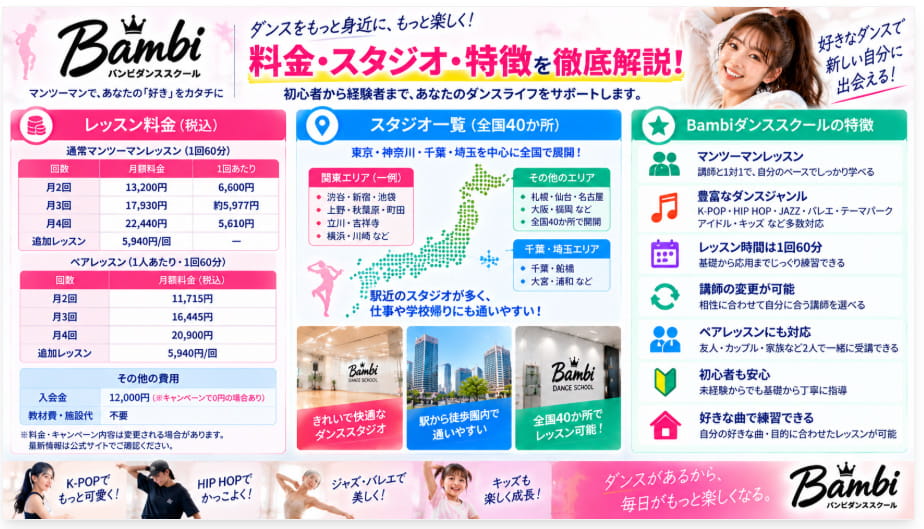 Bambiダンススクールの料金・スタジオ・マンツーマンレッスンの特徴を解説