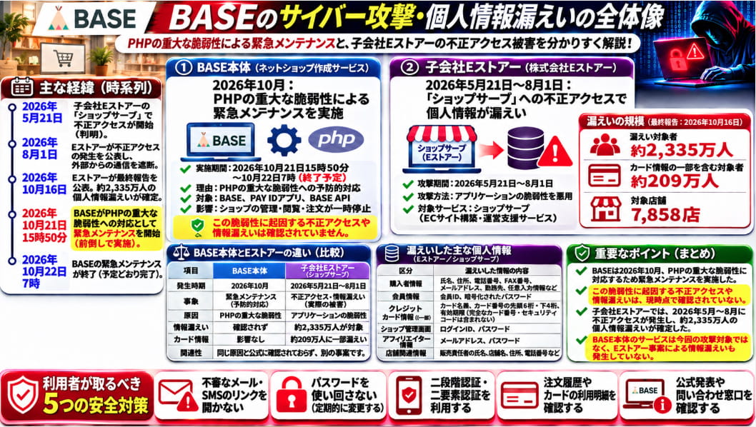 BASEのサイバー攻撃・個人情報漏えいに関する事案を比較した図解