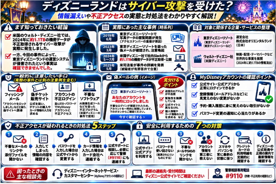ディズニーランド関連のサイバー攻撃をまとめた図解。米国ディズニー社の約1.1TBの情報流出