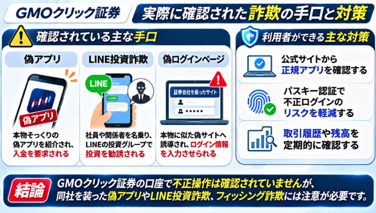 GMOクリック証券を装った偽アプリ、LINE投資詐欺、偽ログインページの3つの手口と、公式アプリの確認、パスキー認証、取引履歴の確認による対策をまとめた図解