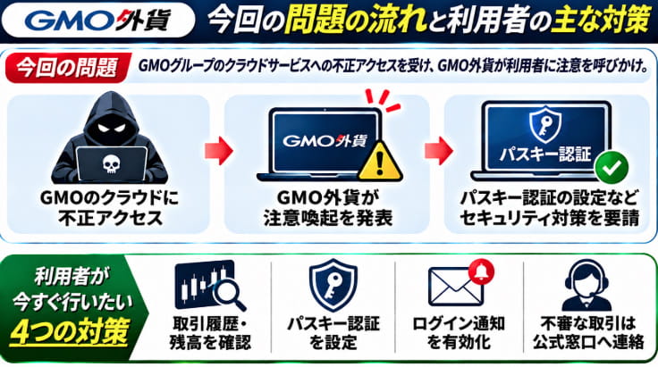 GMOクラウドへの不正アクセスとGMO外貨の注意喚起の流れ、取引履歴・残高の確認、パスキー認証の設定、ログイン通知の有効化、公式窓口への連絡という4つの対策をまとめた図解