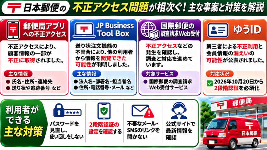 日本郵便の2026年の不正アクセス・情報漏えい問題をまとめた図解。郵便局アプリ、ゆうID、国際郵便の調査請求Web受付、JP Business Tool Boxの4つの事案と、パスワード管理や2段階認証などの対策を紹介