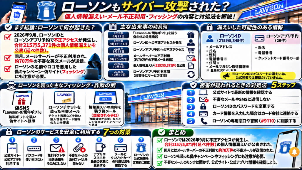 ローソンのサイバー攻撃と個人情報漏えいをまとめた図解。2026年のローソンID・アプリ予約への不正アクセス、メールサーバーの不正利用、フィッシング詐欺の手口、被害時の対処法5ステップと安全対策7項目を解説