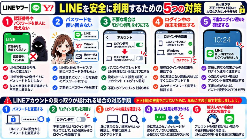 LINEを安全に利用するための5つの対策をまとめた図解。認証番号の保護、パスワードの使い回し防止、ログイン許可の設定、ログイン中の端末確認、不審なログイン通知への対処法