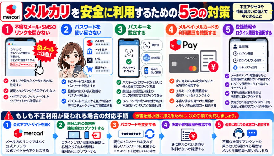 メルカリを安全に利用するための5つの対策を解説した図解。不審なメールへの注意、パスワードの使い回し防止、パスキー設定、利用履歴・ログイン端末の確認、不正利用時の対処手順