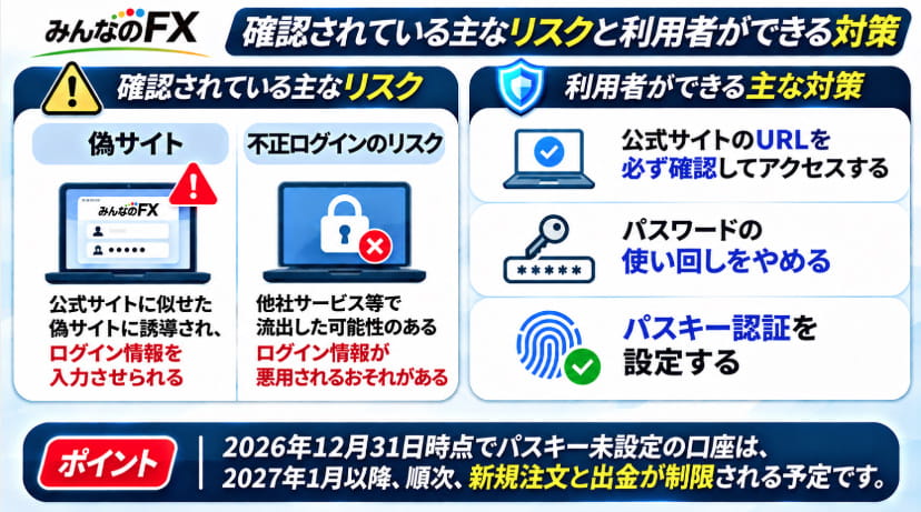 みんなのFXの偽サイトや不正ログインの危険性と、公式URLの確認、パスワードの使い回し防止、パスキー認証の設定による対策をまとめた図解