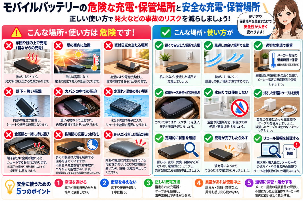 モバイルバッテリーの危険な充電・保管場所と安全な使い方を比較した図解