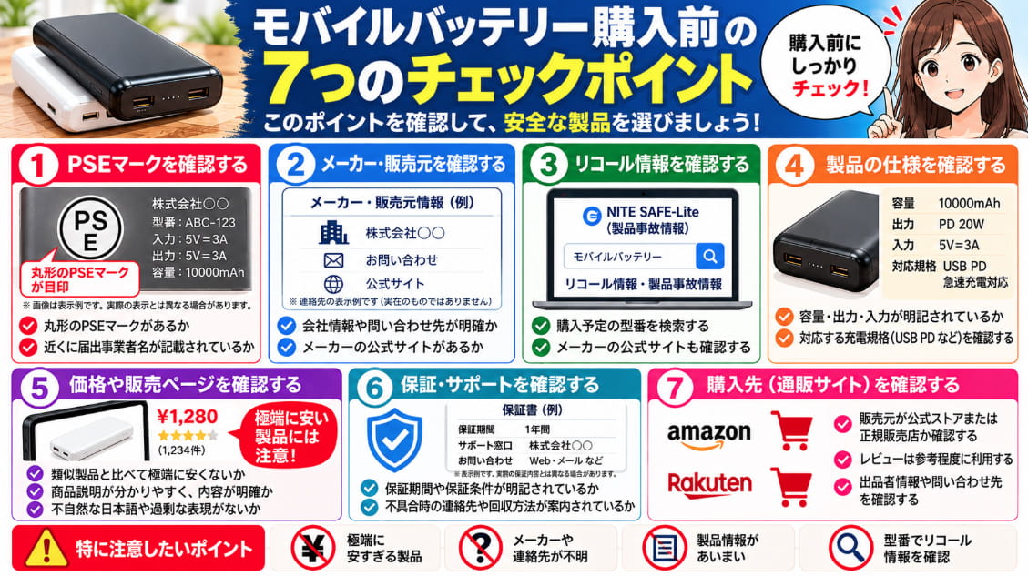 モバイルバッテリー購入前に確認したい7つのチェックポイント。PSEマーク・メーカー・リコール情報・製品仕様・価格・保証・購入先を解説