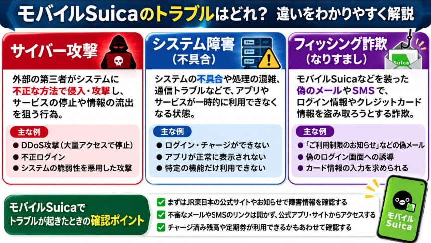 モバイルSuicaのサイバー攻撃・システム障害・フィッシング詐欺の違いを比較し、ログインやチャージの不具合、不審メールへの注意点と対処法をまとめた図解