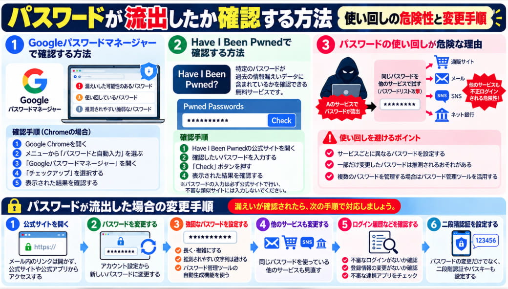 GoogleパスワードマネージャーとHave I Been Pwnedによるパスワード流出の確認方法、使い回しの危険性、流出した場合の変更手順6ステップをまとめた図解