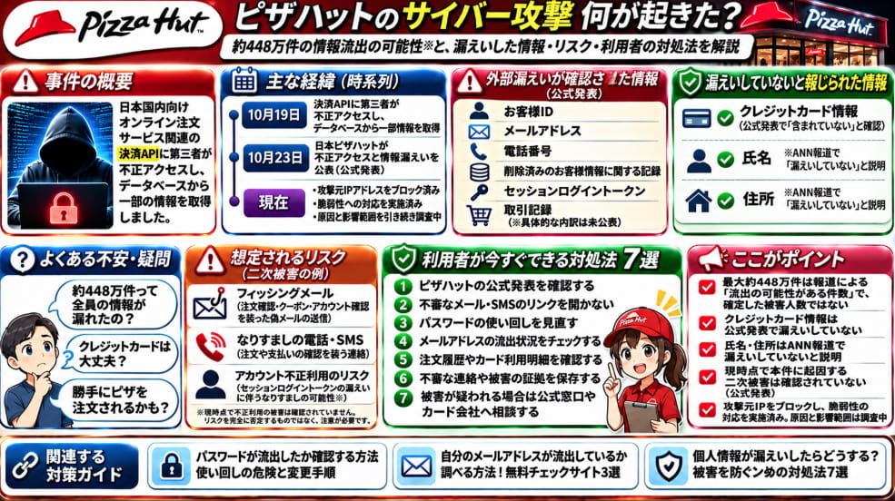 ピザハットのサイバー攻撃を解説した図解。最大約448万件の情報流出の可能性、利用者ID・メールアドレス・電話番号・取引記録への影響、フィッシング詐欺などの二次被害と対処法7選を紹介