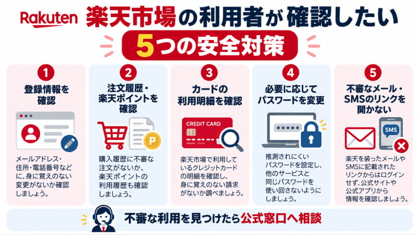 楽天市場のサイバー攻撃・情報漏えいに備えて確認したい最新情報、パスワード変更、カード情報、セキュリティ対策の図解