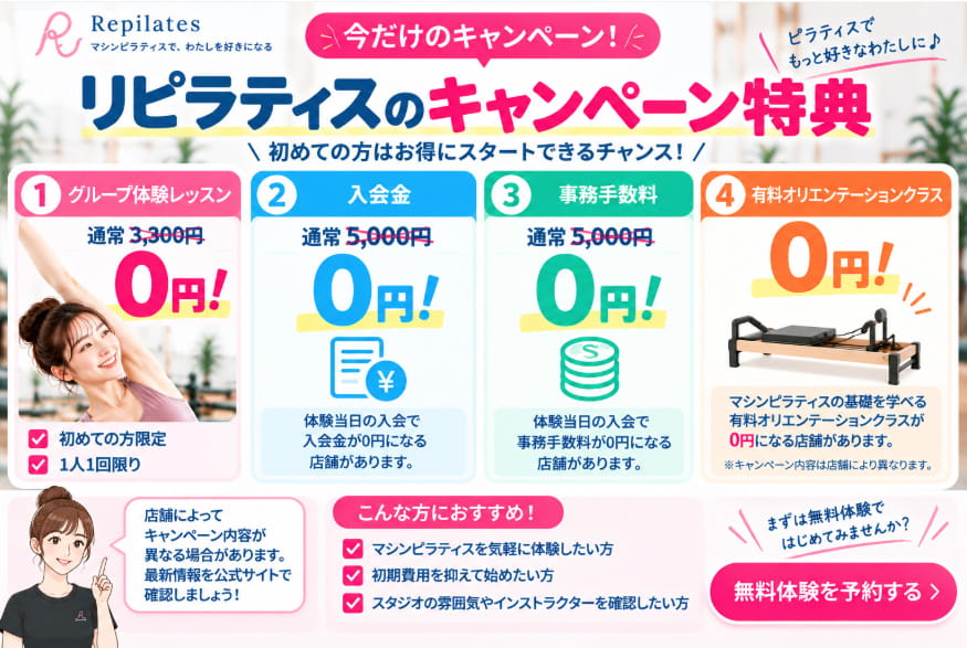 リピラティスの無料体験・入会金・事務手数料などのキャンペーン特典