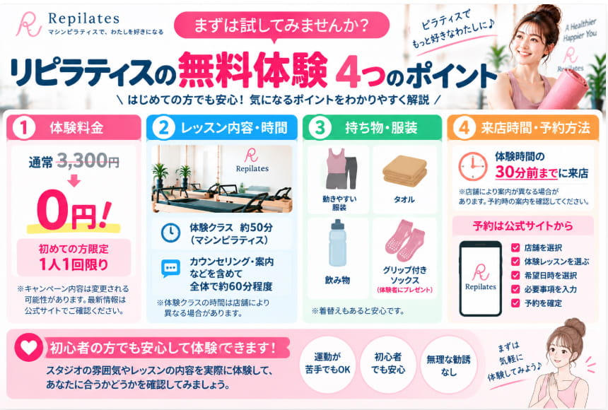 リピラティスの無料体験の料金・持ち物・予約方法まとめ