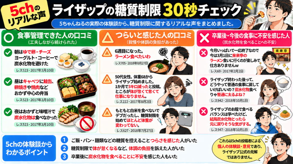 ライザップの糖質制限に関する5ch体験談を30秒で確認できる図解。ラーメンへの欲求や体調の負担、卒業後の不安を紹介