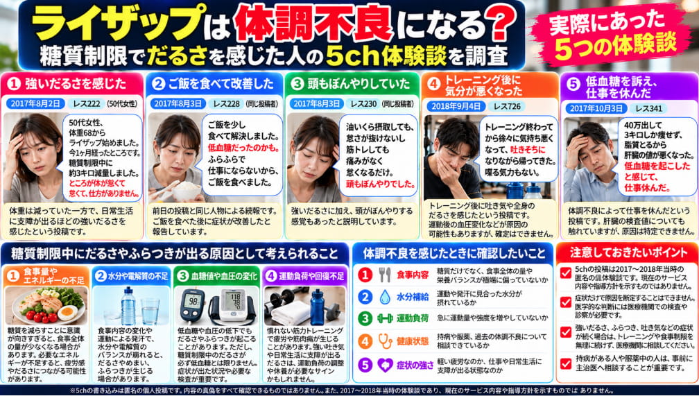 ライザップの糖質制限による体調不良に関する5ch体験談の比較図解。強いだるさ、ふらつき、吐き気、低血糖の訴えと考えられる原因、確認事項を紹介