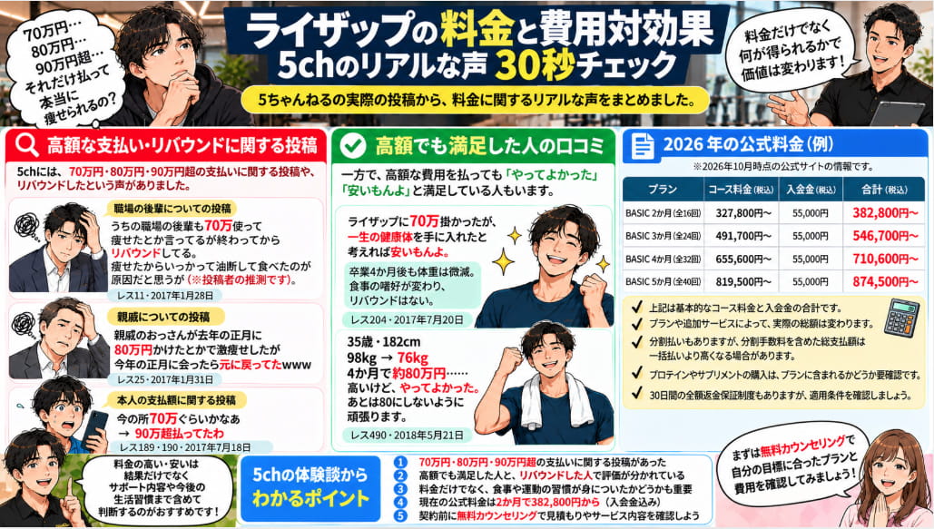 ライザップの料金と費用対効果を5ch体験談で比較した図解。高額でも満足した人とリバウンドした人の口コミ、2026年の公式料金を紹介