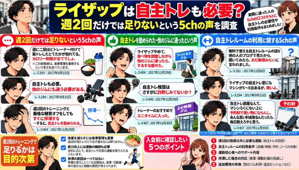 ライザップの自主トレに関する5ch口コミ比較図解。週2回のトレーニングへの意見、自主トレルームの利用条件や不満、入会前に確認したい5つのポイントを紹介