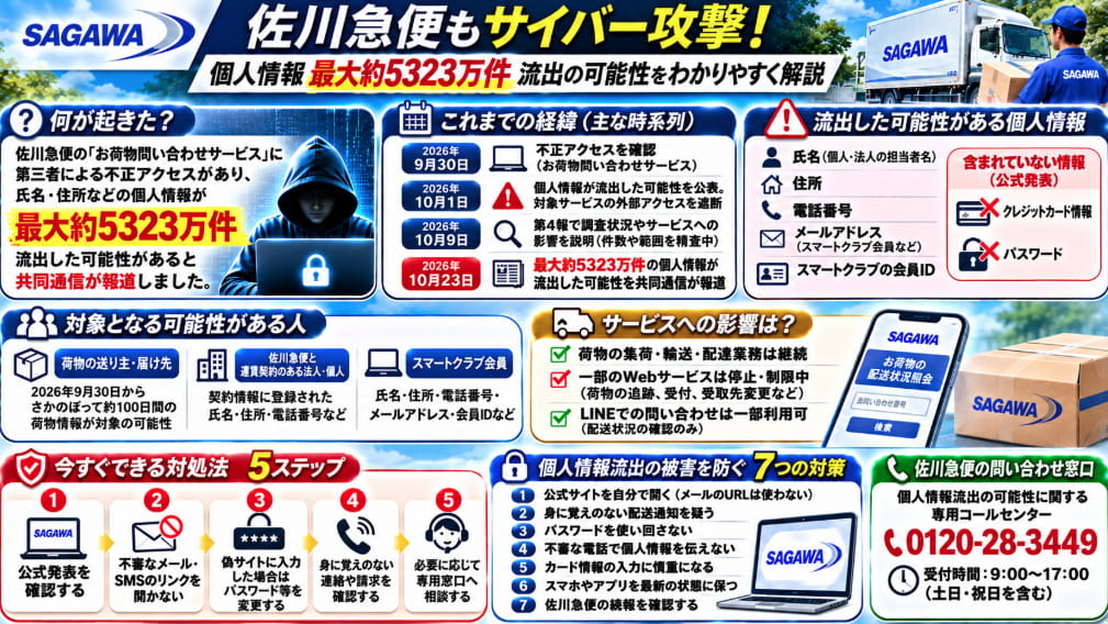 佐川急便のサイバー攻撃と個人情報流出の可能性をまとめた図解