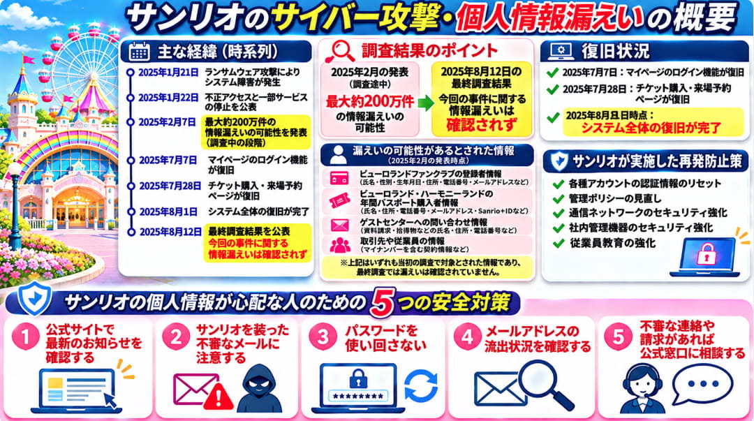 サンリオのサイバー攻撃と個人情報漏えいの調査結果をまとめた図解。最大約200万件の漏えい可能性、最終調査で漏えい確認なし、ピューロランドの復旧状況と5つの安全対策を紹介