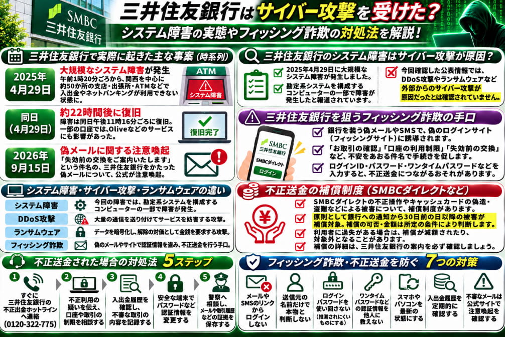 三井住友銀行のシステム障害とフィッシング詐欺対策をまとめた図解。復旧状況、サイバー攻撃との関係、不正送金時の5ステップ、補償制度の30日ルール、7つの予防策を解説