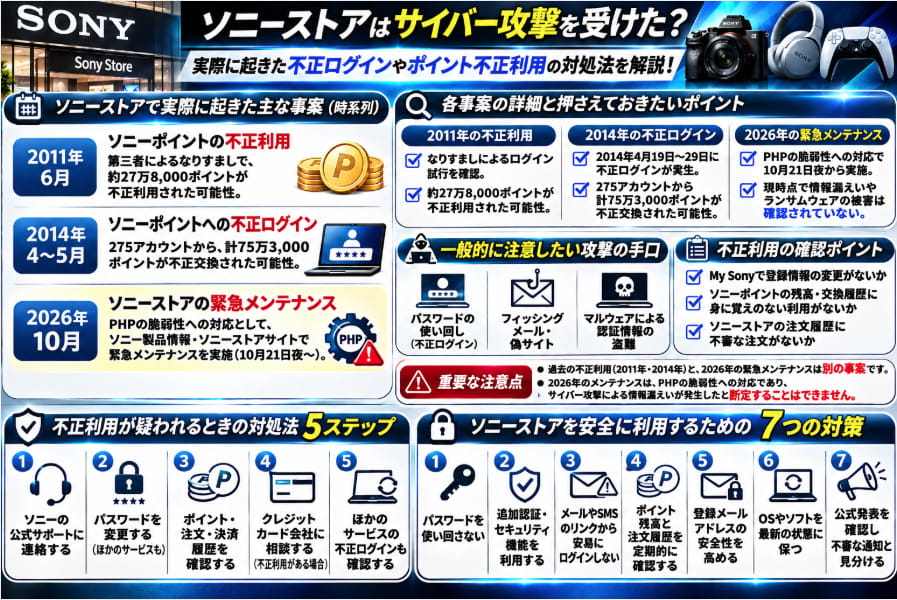 ソニーストアの不正ログインとポイント不正利用をまとめた図解。PHP脆弱性対応、不正利用の確認方法、被害時の5ステップと7つのセキュリティ対策