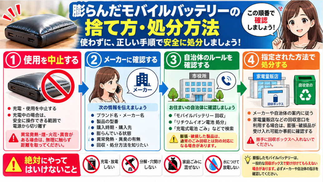 膨張したモバイルバッテリーの捨て方と処分方法を、使用中止・メーカー確認・自治体確認・指定方法での処分の4ステップで解説