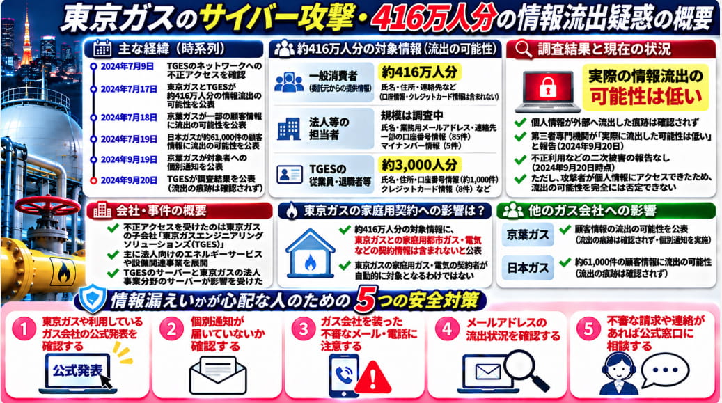 東京ガス子会社へのサイバー攻撃と416万人分の個人情報流出疑惑をまとめた図解