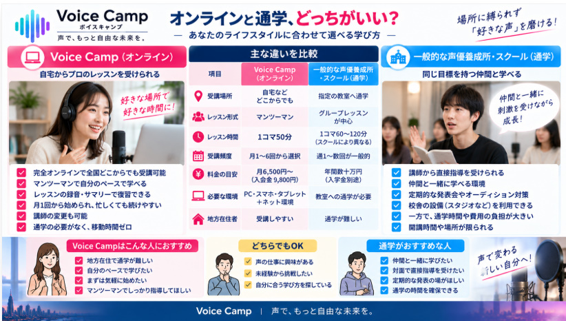 Voice Campのオンラインレッスンと通学型声優スクールの違いを比較