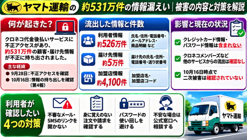 ヤマト運輸の約531万件の情報漏えいを解説する図解。クロネコ代金後払いサービスへの不正アクセス、利用者情報約526万件と届け先情報約5万件の流出、加盟店情報約4100件、調査結果と利用者向けの4つの対策を紹介